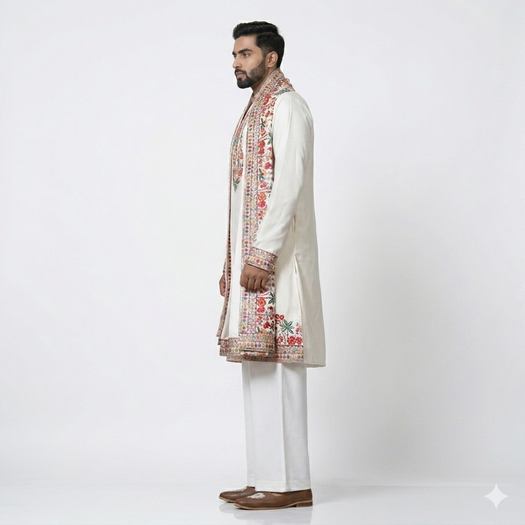Men's White Floral Embroidered Kurta Pajama Set with Designer Shall