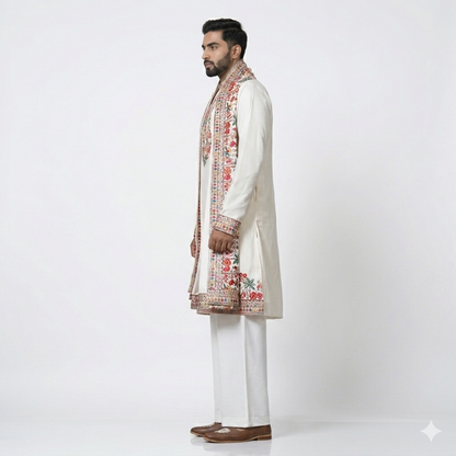 Men's White Floral Embroidered Kurta Pajama Set with Designer Shall