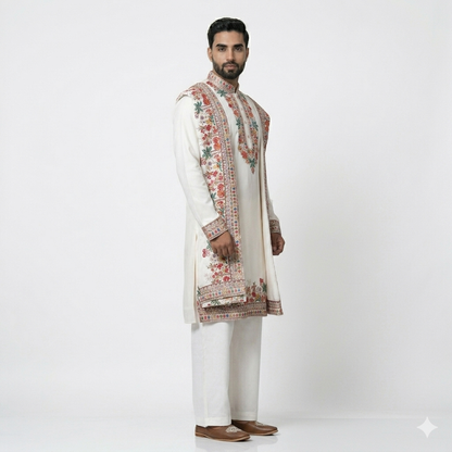 Men's White Floral Embroidered Kurta Pajama Set with Designer Shall