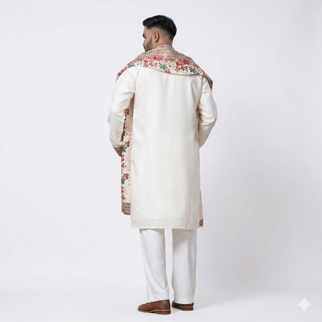 Men's White Floral Embroidered Kurta Pajama Set with Designer Shall