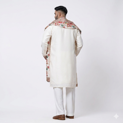 Men's White Floral Embroidered Kurta Pajama Set with Designer Shall