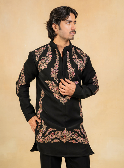 Viral  Zari & resham embroidered black kurta with Boot cut pant