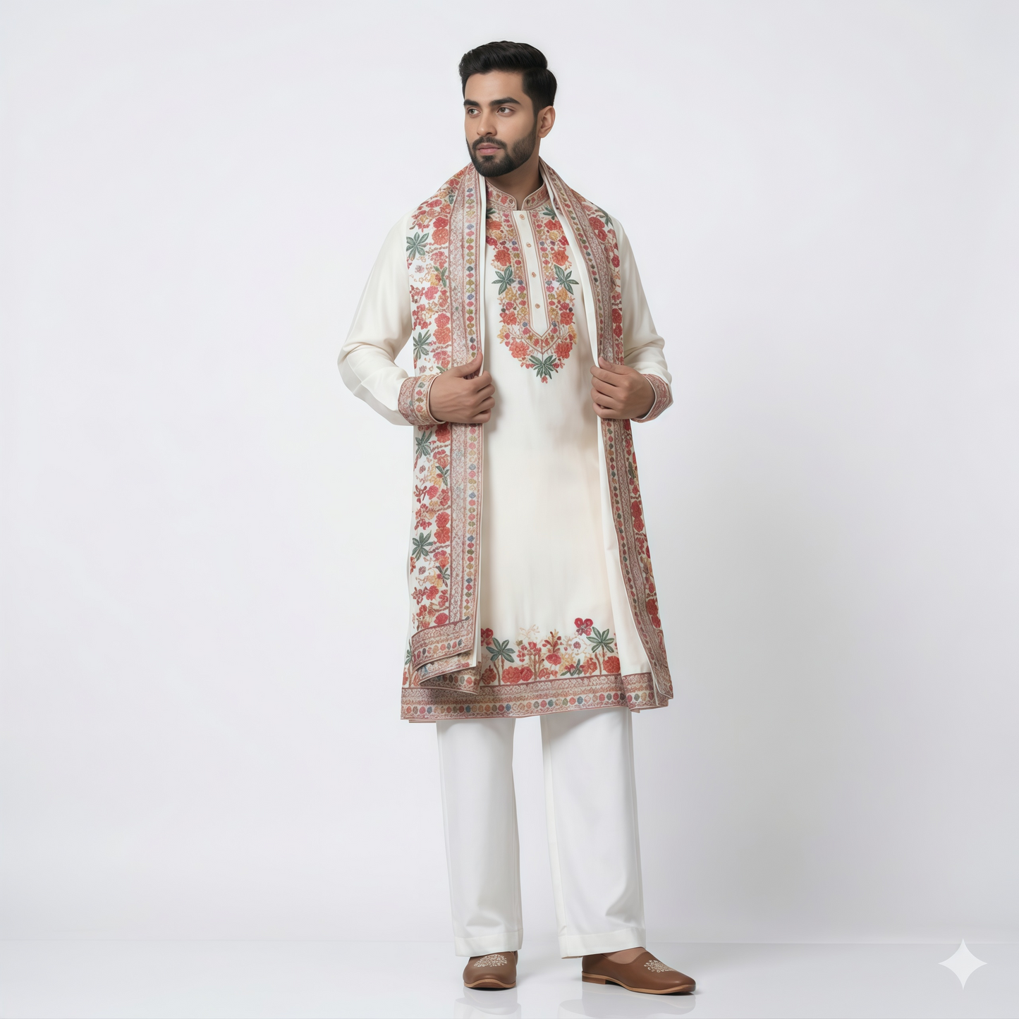 Men's White Floral Embroidered Kurta Pajama Set with Designer Shall