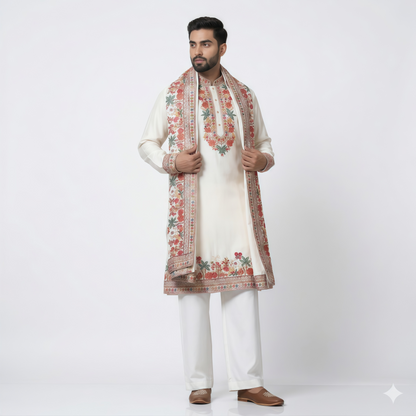 Men's White Floral Embroidered Kurta Pajama Set with Designer Shall