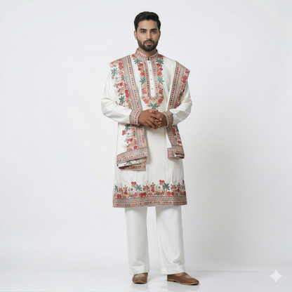 Men's White Floral Embroidered Kurta Pajama Set with Designer Shall