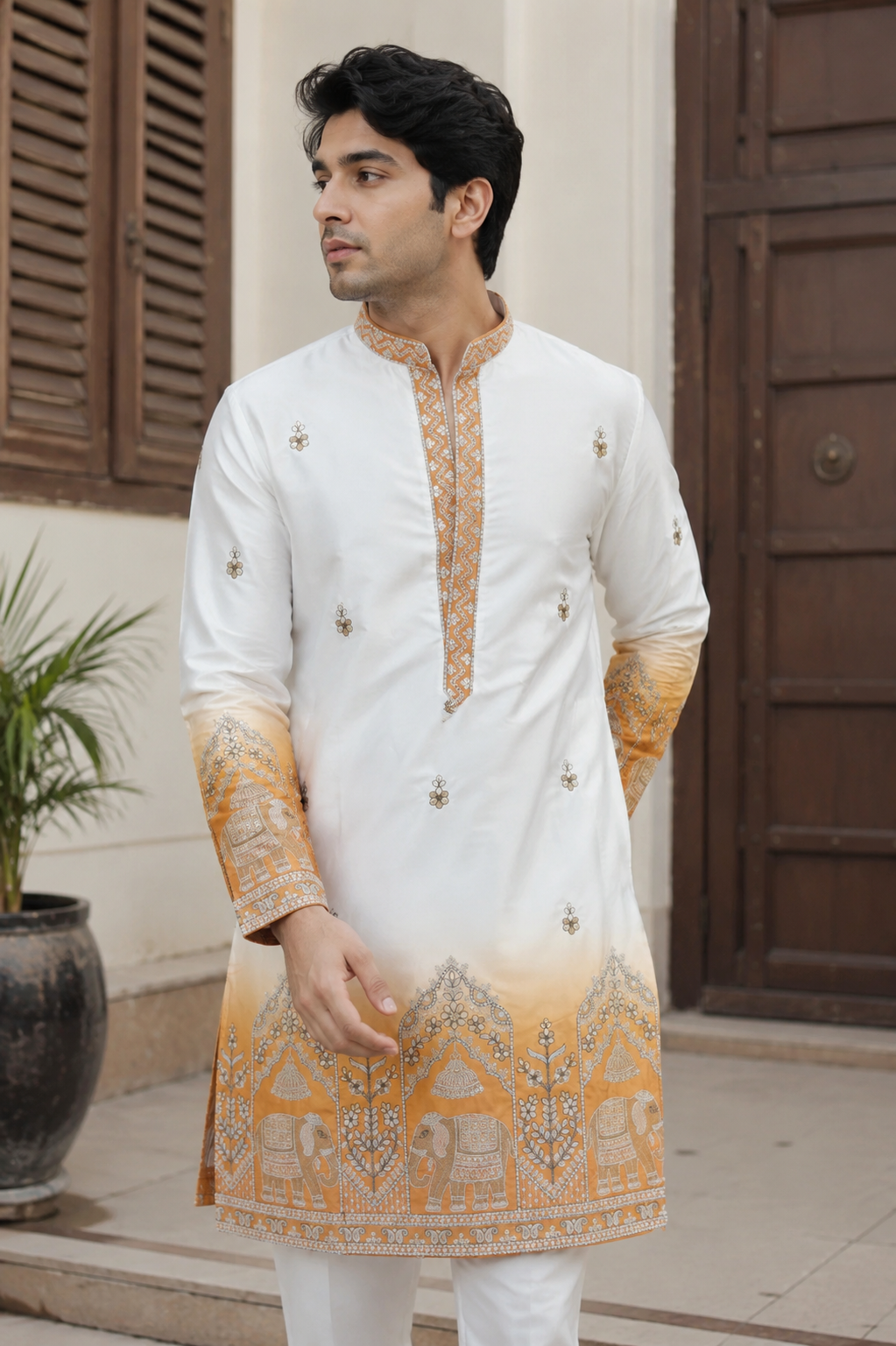 V-neck Short Kurta Traditional Elephant Embroidery