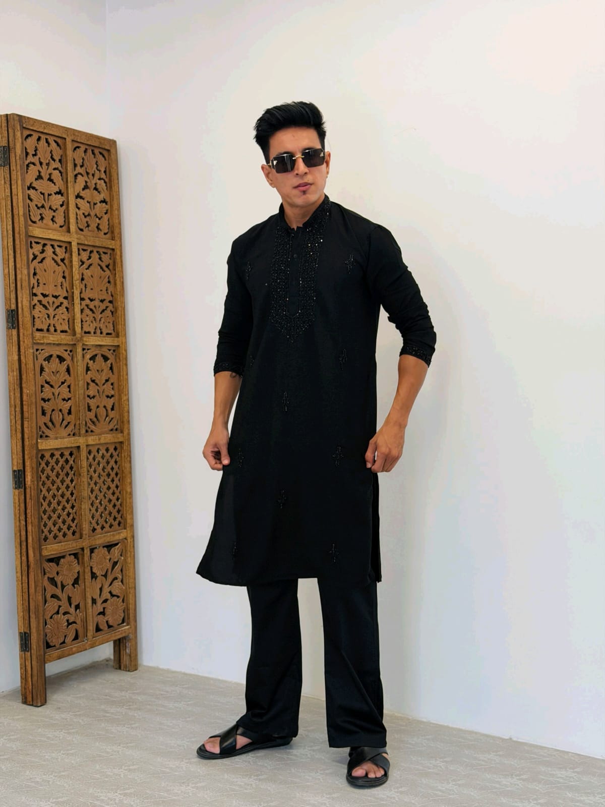 Premium Armani Fabric  Kurta with Handcrafted Beads Work With Armani boot cut pant