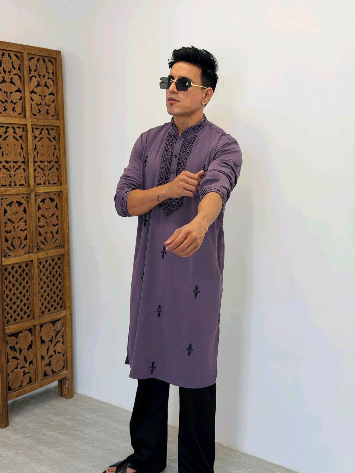 Premium Armani Fabric  Kurta with Handcrafted Beads Work With Armani boot cut pant