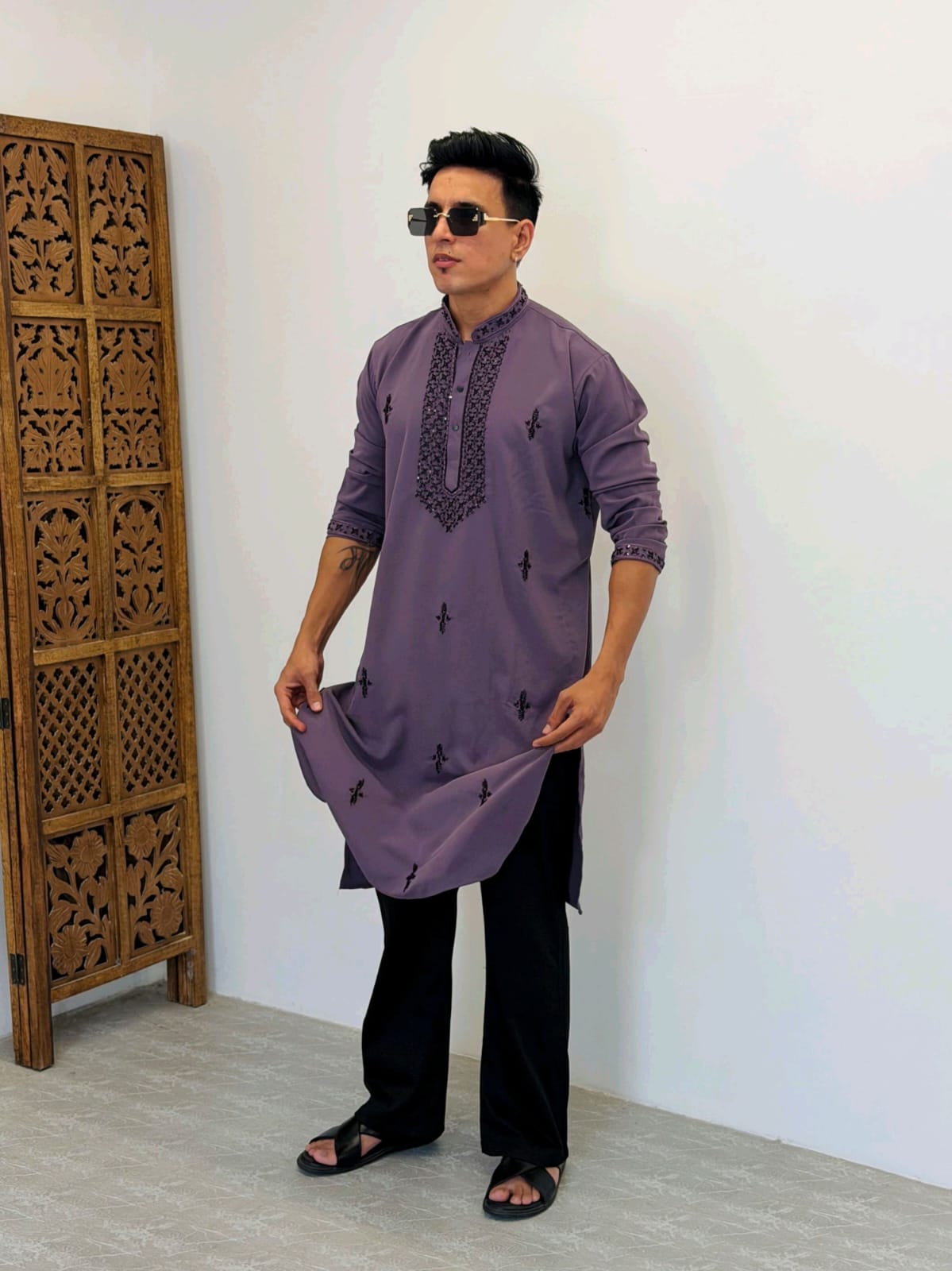 Premium Armani Fabric  Kurta with Handcrafted Beads Work With Armani boot cut pant