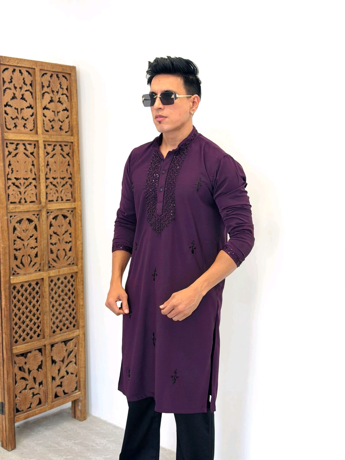 Premium Armani Fabric  Kurta with Handcrafted Beads Work With Armani boot cut pant