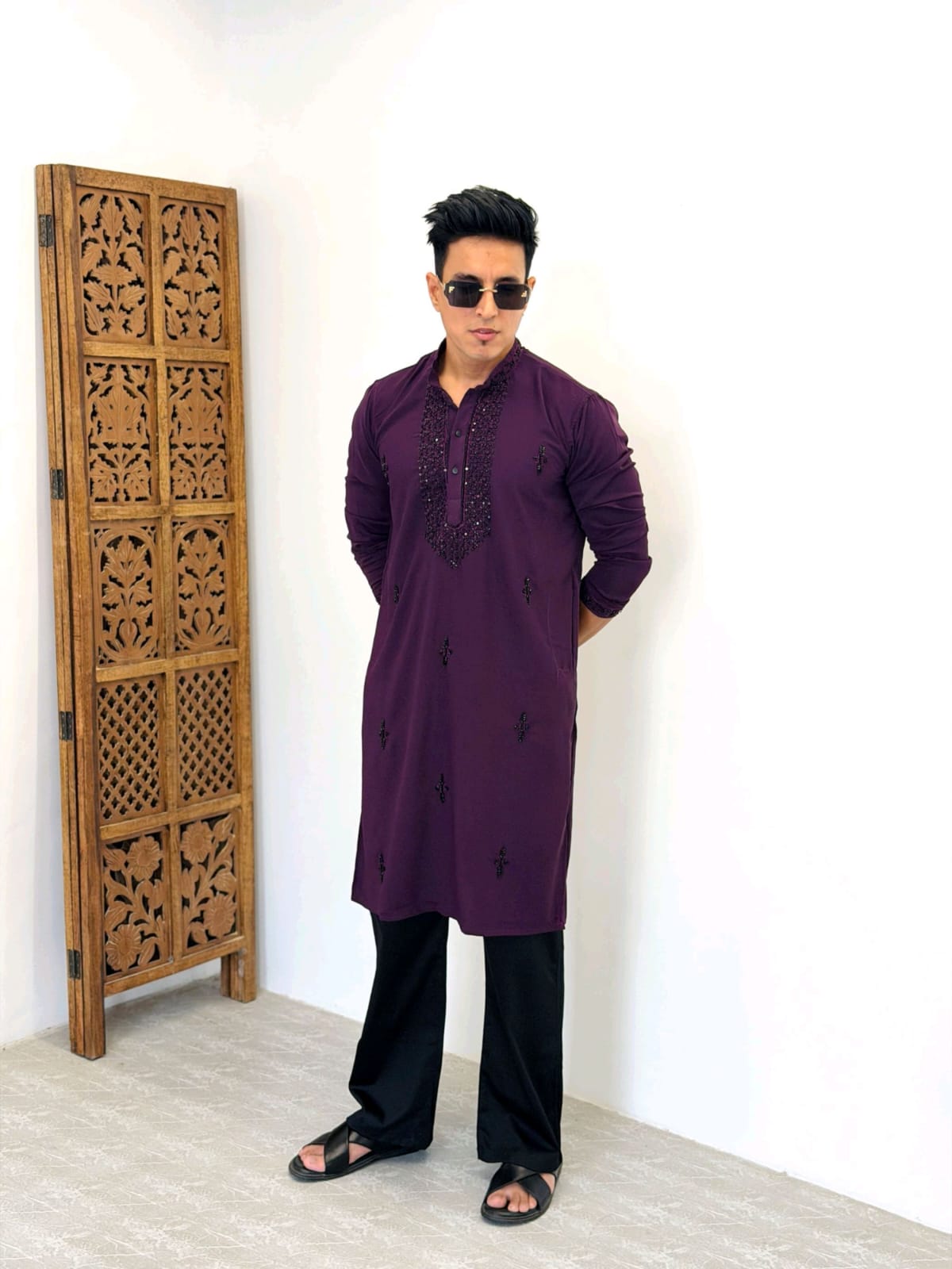Premium Armani Fabric  Kurta with Handcrafted Beads Work With Armani boot cut pant