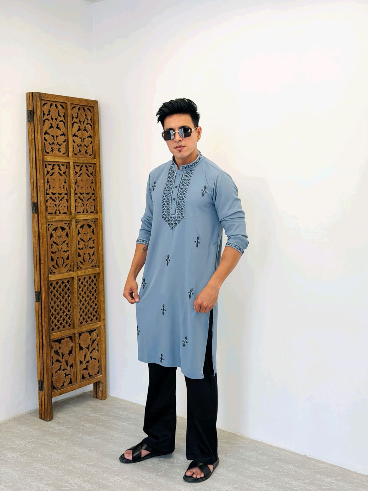 Premium Armani Fabric  Kurta with Handcrafted Beads Work With Armani boot cut pant