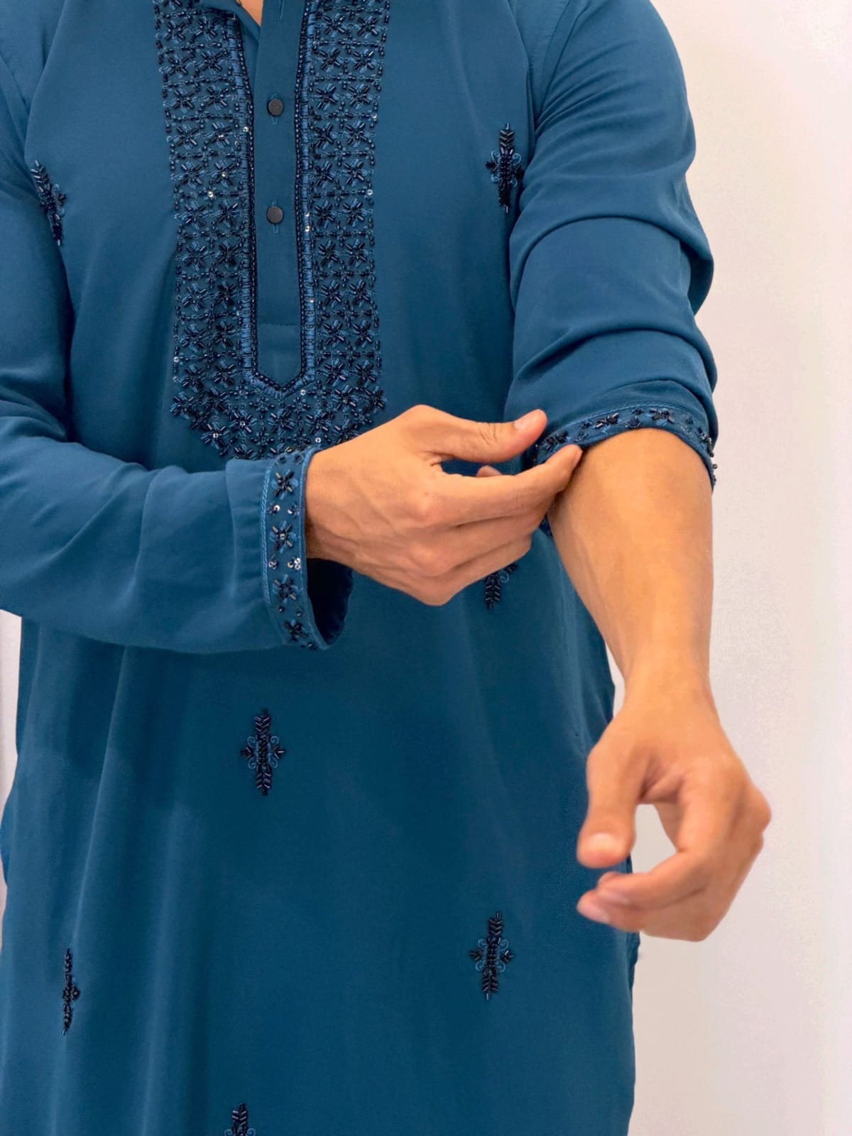 Premium Armani Fabric  Kurta with Handcrafted Beads Work With Armani boot cut pant