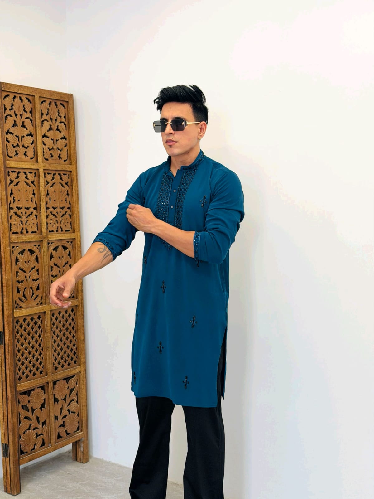 Premium Armani Fabric  Kurta with Handcrafted Beads Work With Armani boot cut pant