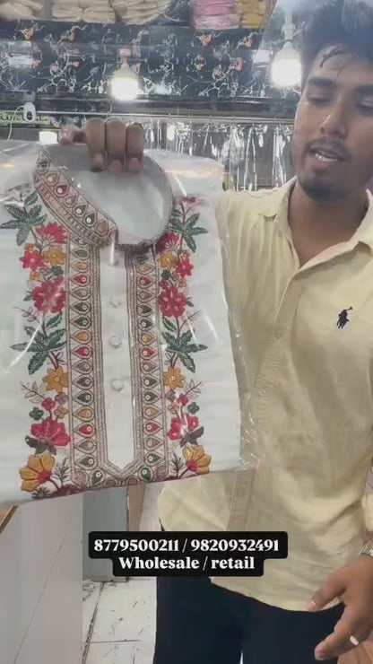 Men's White Floral Embroidered Kurta Pajama Set with Designer Shall